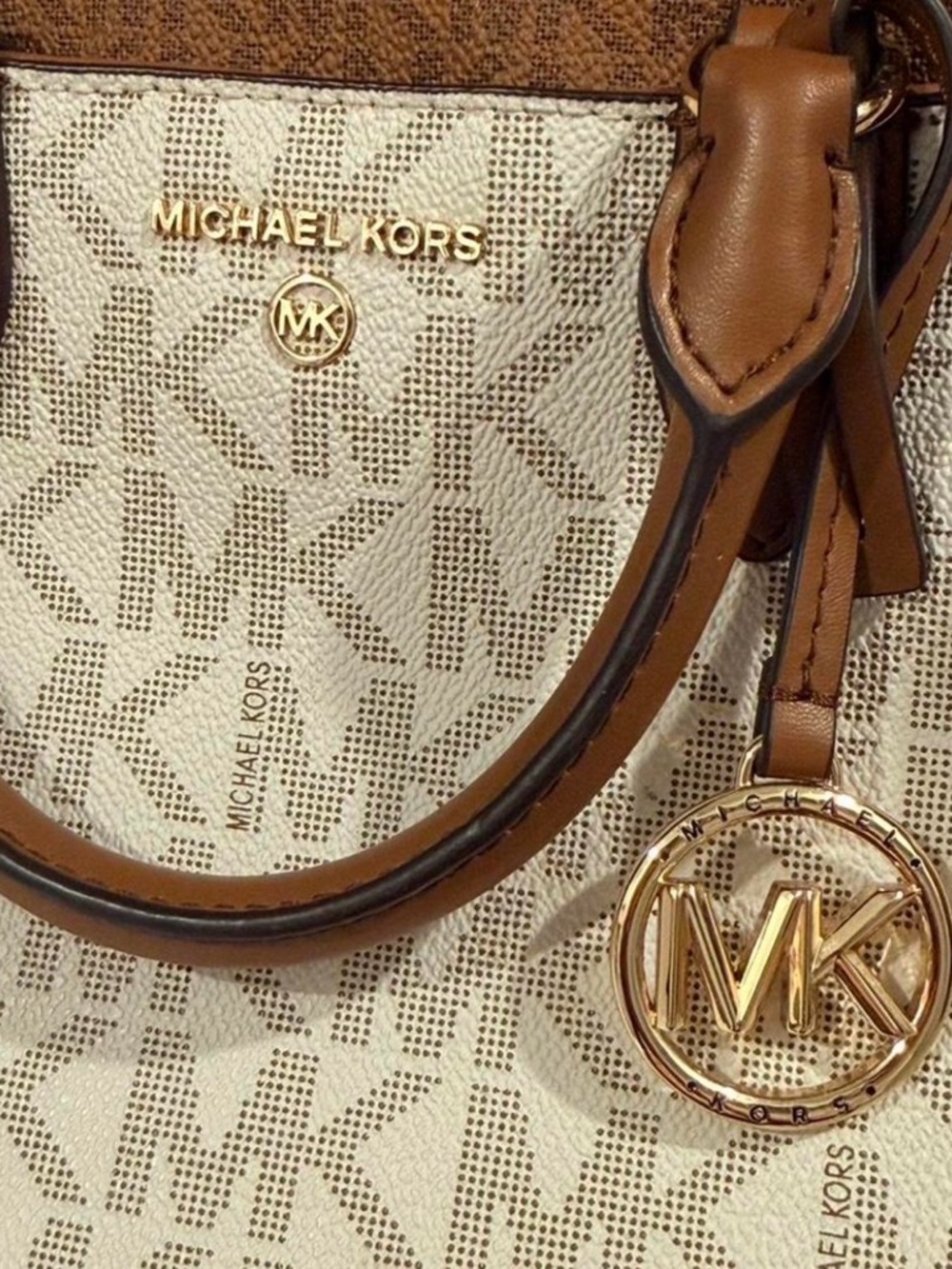 Michael Kors Cream and Brown Logo Satchel with Gold MK Charm - Picture 2 of 6